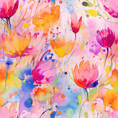 Seamless pattern of expressive watercolor flowers in a dynamic, abstract style