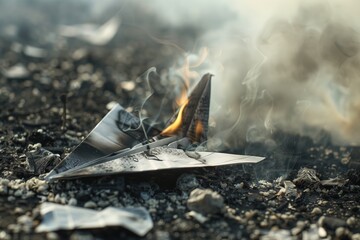 smoldering remains of a paper plane after burning - obrazy, fototapety, plakaty