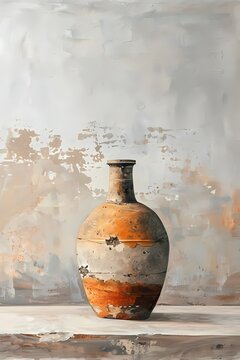 Oil painting depicting a wabi sabi style sculpture vase  on a smooth surface, set against a minimalist white and grey background,art work for wall art, home decor and wallpaper 