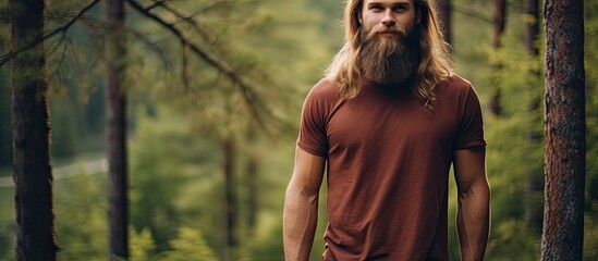 A man with long hair and a beard is standing amidst the trees and foliage of a dense forest - obrazy, fototapety, plakaty