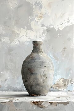 Simple Oil painting depicting a wabi sabi style ceramic vase  on a smooth surface, set against a minimalist white and grey background,art work for wall art, home decor and wallpaper 