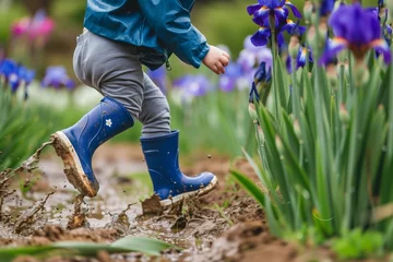Tuinposter child in rain boots sprinting through a muddy field of irises © primopiano