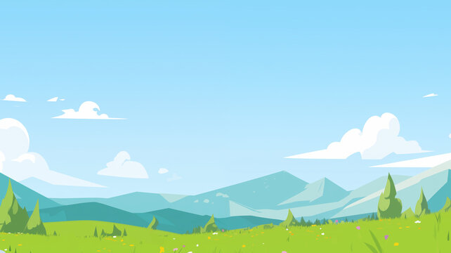 Hand drawn cartoon summer meadows and mountains illustration

