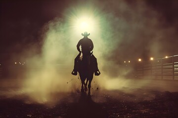 Rodeo cowboy riding a bucking bronco. Concept Western Lifestyle, Bull Riding, Cowboy Culture, Rodeo Events, Equestrian Sports - obrazy, fototapety, plakaty