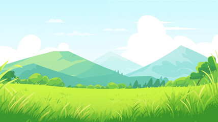 Fototapeta premium Hand drawn cartoon summer meadows and mountains illustration 