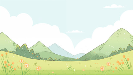 Fototapeta premium Hand drawn cartoon summer meadows and mountains illustration 