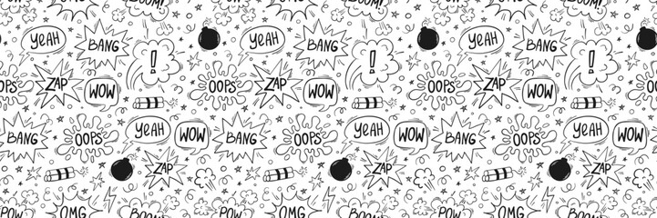 Vector seamless pattern of comics bombs and explosions in doodle style. Speech bubbles with words pow, wow, bang and omg