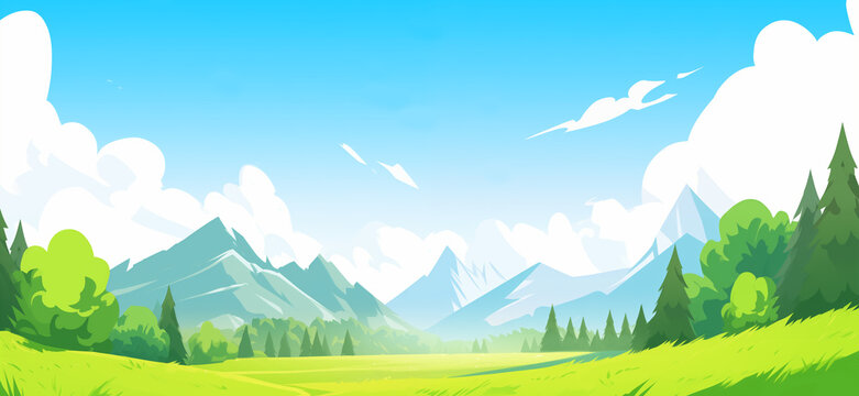 Hand drawn cartoon summer meadows and mountains illustration

