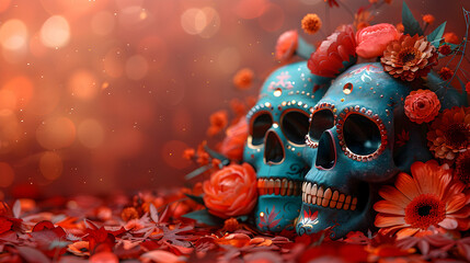 ask day of the dead, sugar skulls, colorful, flowers, top angle, right copy space.