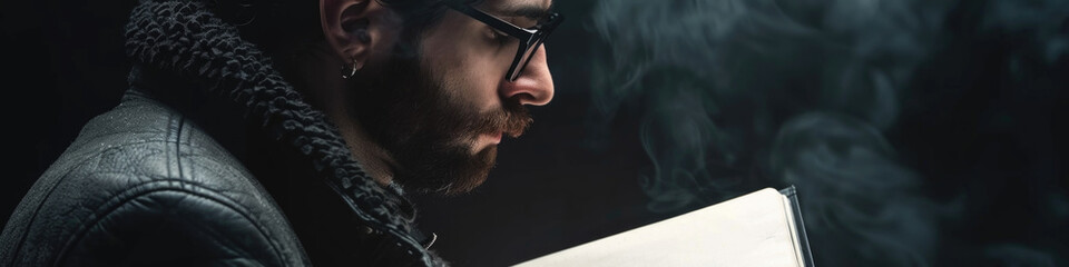 A side profile of a man with glasses focused on reading, surrounded by wisps of smoke against a dark background - obrazy, fototapety, plakaty