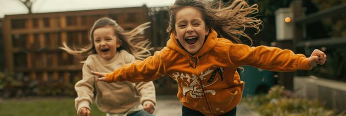 Two young girls, full of energy and joy, are running down a sidewalk together. They are laughing and enjoying their time outdoors