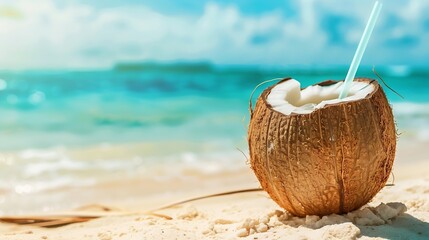 Generative AI : summer coconut drink on the beach. Summer paradise.