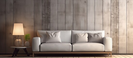 Fototapeta na wymiar A comfortable couch placed in a warm and inviting room with walls made of rich wooden panels