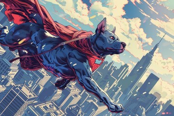 A dynamic, comic book-style illustration of a brave dog superhero flying over a bustling city skyline, digital art