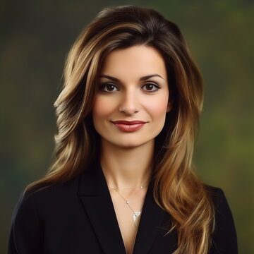 Smiling lady executive headshot portrait with squarish jawline. Corporate photoshoot style. 