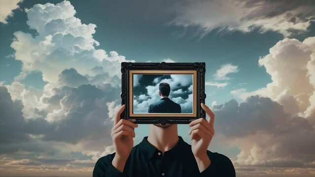 Hands holding a frame with an image of a young man against a backdrop of clouds. The concept of memories and dreams.