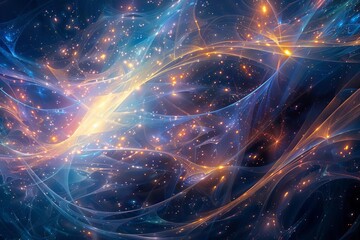 A mesmerizing, abstract depiction of the divine energy flowing through the universe, represented by luminous, intertwining threads