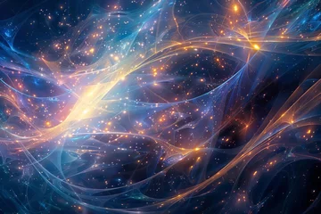 Fotobehang A mesmerizing, abstract depiction of the divine energy flowing through the universe, represented by luminous, intertwining threads © furyon