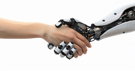 Portrait of a firm handshake between a human and a machine hands, concept design of humans and Machines working together for the betterment of the world