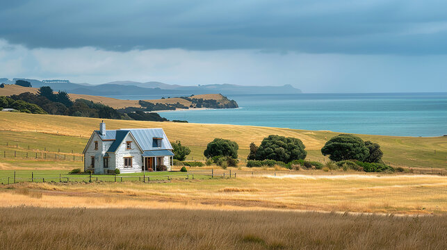 A modern farm house amongst fields next to the ocean. Professional landscape photography