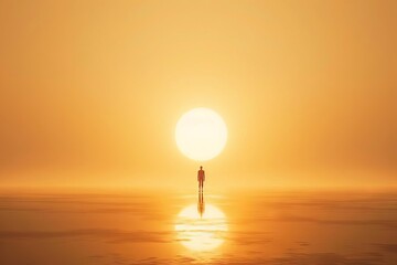 A serene, minimalist depiction of a lone figure standing before a vast, divine light, symbolizing spiritual awakening and enlightenment