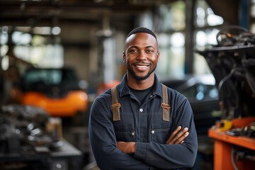 Smiling mechanic black man. Automotive professions. Job offer. Job Search. Machine repair professions. Black man. Africa. Afro american.  AI. - obrazy, fototapety, plakaty