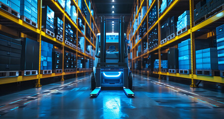 portrait of a futuristic Forklift doing storage in warehouse using Artificial intelligence - obrazy, fototapety, plakaty