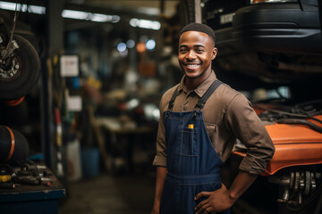 Fototapeta premium Smiling mechanic black man. Automotive professions. Job offer. Job Search. Machine repair professions. Black man. Africa. Afro american. AI.
