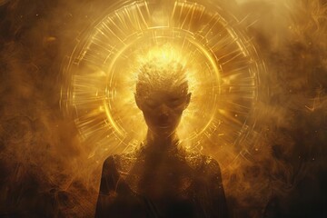 A serene depiction of a radiant, faceless deity surrounded by a halo of golden light, symbolizing inner peace and enlightenment