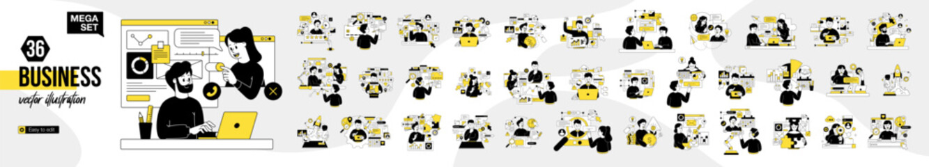 Mega collection of scenes with men and women taking part in business activities. Business Concept illustrations. Vector illustration