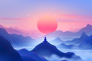 A serene, minimalist illustration of a divine silhouette meditating amid a tranquil, ethereal landscape - obrazy, fototapety, plakaty