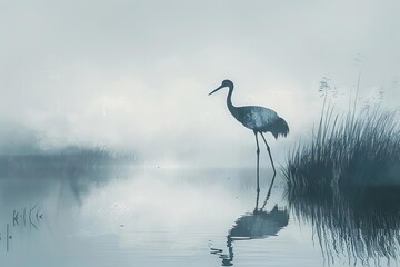 Fototapeta premium A serene, minimalist illustration of a graceful crane standing in a tranquil, misty pond, digital art