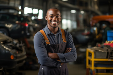 Obraz premium Smiling mechanic black man. Automotive professions. Job offer. Job Search. Machine repair professions. Black man. Africa. Afro american. AI.