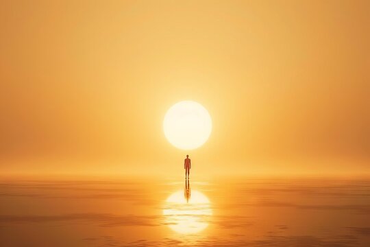 A serene, minimalist depiction of a lone figure standing before a vast, divine light, symbolizing spiritual awakening and enlightenment