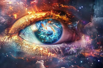 A thought-provoking illustration of a divine eye, filled with the cosmos, gazing upon the universe with infinite wisdom and compassion - obrazy, fototapety, plakaty