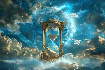 Fotobehang A thought-provoking, conceptual depiction of a divine hourglass, with the sands of time flowing between the heavens and the earth © furyon