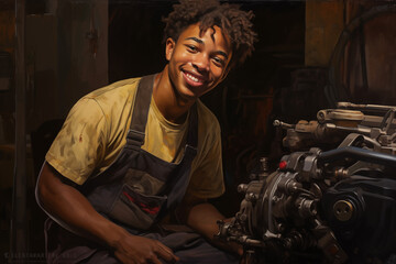 Fototapeta na wymiar Smiling mechanic black man. Automotive professions. Job offer. Job Search. Machine repair professions. Black man. Africa. Afro american. AI.