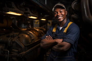 Smiling mechanic black man. Automotive professions. Job offer. Job Search. Machine repair professions. Black man. Africa. Afro american.  AI.