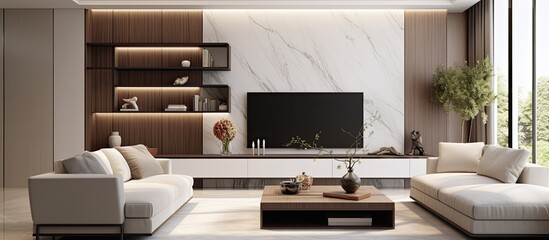 A living room setup with elegant white couches positioned opposite a large widescreen television for entertainment