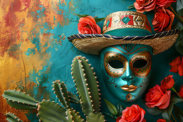 Fantasy fiesta cinco de mayo colorful, cactus and sombrero hat, yellow green red background.