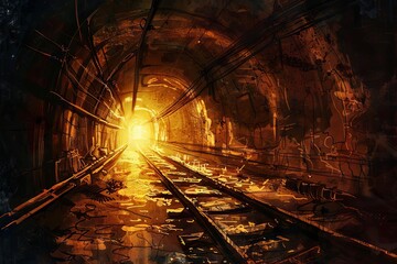 Fototapeta na wymiar Abandoned Old Subway Tunnel with Mysterious Light, Grunge Illustration