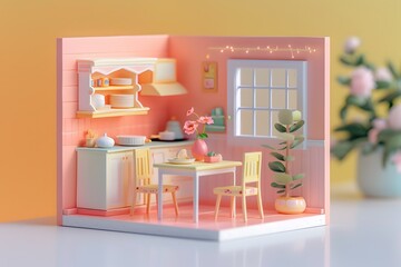 Fototapeta premium Charming Miniature Kitchen Interior with Pastel Decor and Handcrafted Furniture in a Cozy Dollhouse-like Setting