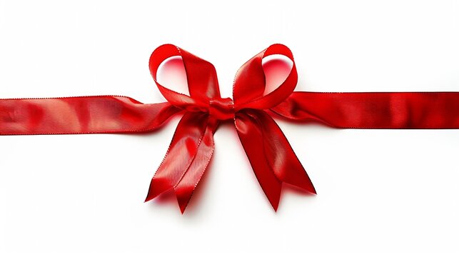 Generative AI : red ribbon with bow with tails isolated on white background