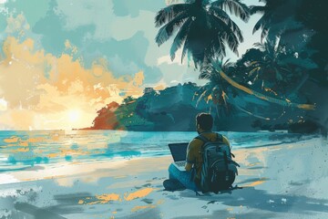 Turning the Tide: Embracing the Digital Nomad Life with a Pioneer's Vision, From Palm Trees Workspaces to Global Connectivity - obrazy, fototapety, plakaty