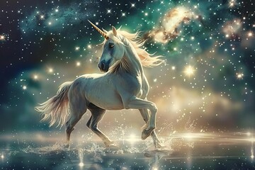 Obraz na płótnie Canvas An enchanting, storybook-style illustration of a magical unicorn galloping through a whimsical, starry night sky, digital art