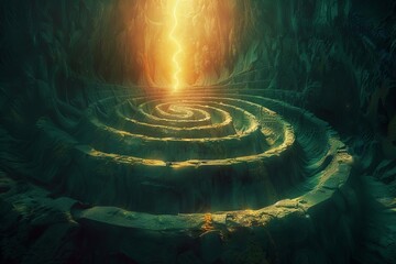 An enigmatic, surreal depiction of a divine labyrinth, with a radiant, ethereal light guiding the way to spiritual enlightenment - obrazy, fototapety, plakaty