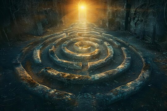 An enigmatic, surreal depiction of a divine labyrinth, with a radiant, ethereal light guiding the way to spiritual enlightenment