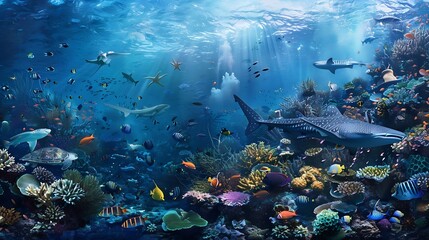 Generative AI : background of beautiful coral reef with marine tropical fish. Whale shark, 
