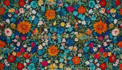 on a black background a pattern of small blue red pink white orange flowers