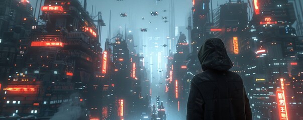 A lone figure in a futuristic city, hood drawn tight, cautiously avoiding security drones overhead 3D render, Backlights,